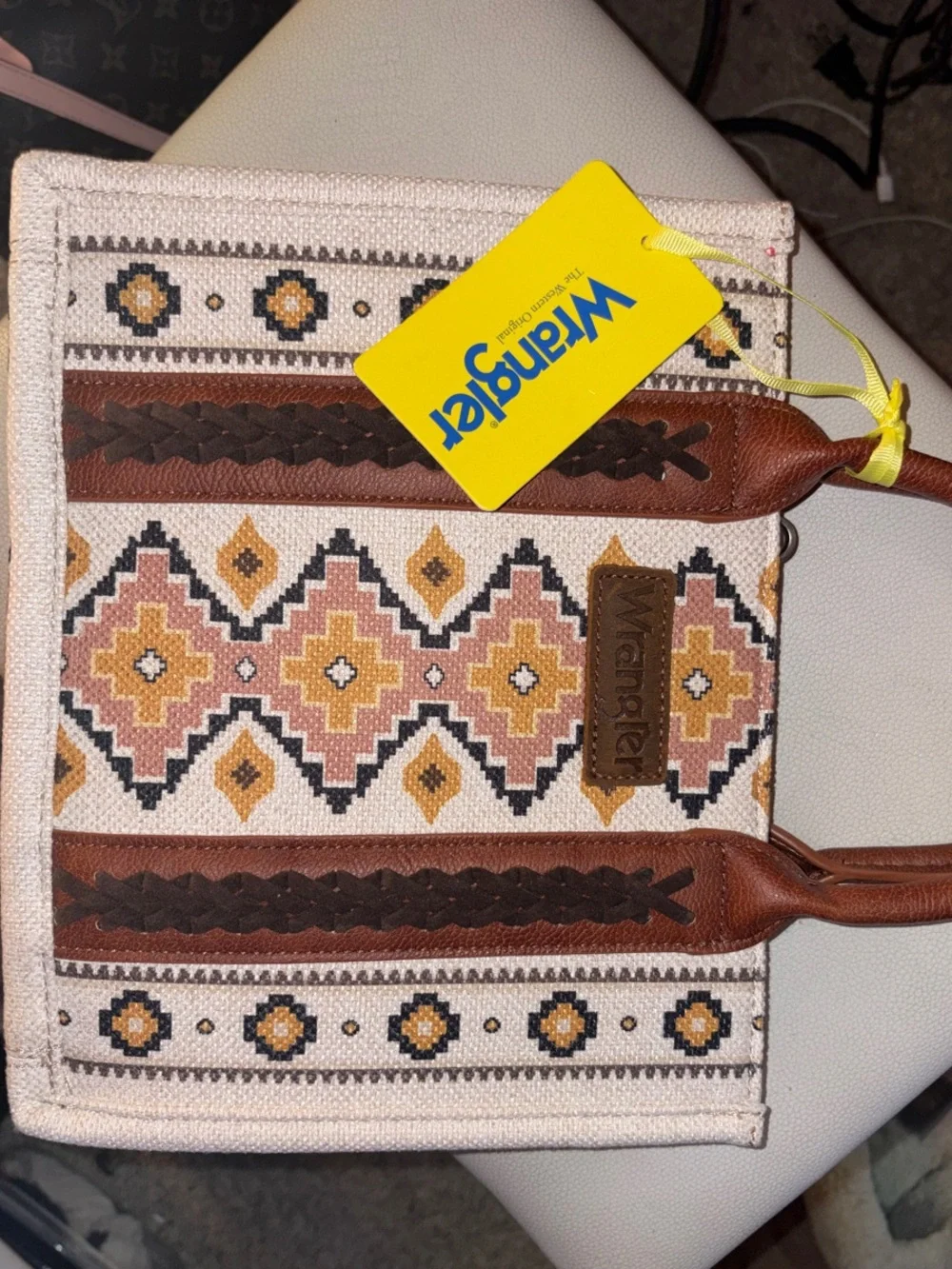 Wrangler Canvas Tote with Geometric Embroidery in Beige, Brown & Mustard